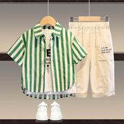 男.；童夏装套装时髦儿童童装2023夏季韩版竖条纹衬衫两件&；