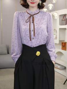 紫色立领长袖蕾丝衬衫女士2024设计感时尚气质减龄上衣打底衫