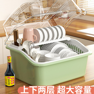 家用碗筷收纳盒放碗碟架厨房装盘多功能沥水置物架带盖碗盘柜橱箱