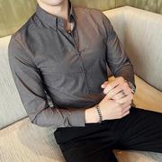 男士衬衫条纹秋季长袖灰色韩版修身商务休闲衬衣高级感寸衫易打理