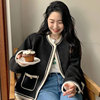 韩国chic秋季优雅小香风圆领撞色镶边口袋设计宽松长袖粗花呢外套