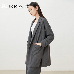 蒲PUKKA   通勤西装外套女碳灰色落肩袖中长款时尚风衣