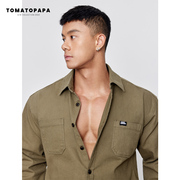 tomatopapa秋季衬衫长袖工装，风双口袋开衫内搭打底商务薄外套上衣