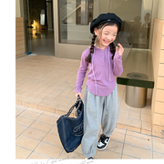 一茁童装2022秋季女童条纹连帽打底衫儿童韩版修身时髦上衣