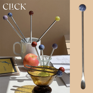 click彩色天然玛瑙石头珠，304不锈钢长短搅拌勺，水果叉创意餐具