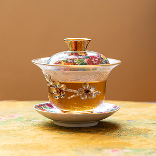 珐琅彩三才盖碗透明玻璃水晶盖碗单个泡茶碗茶杯轻奢功夫茶具套装