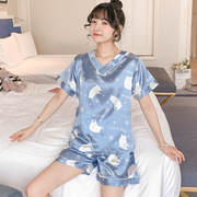 睡衣女夏季冰丝短袖，韩版性感薄款仿真丝绸，夏天睡衣大码家居服套装