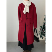 长款新年战袍红色，圣诞双面羊绒大衣女连帽牛角扣外套
