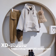 退不不换2021冬装女童韩系假两件设计精致字母刺绣羊羔绒连帽卫衣