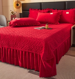 大红色纯色加厚绒床盖喜被套，四件套冬季夹棉床单婚床牛奶垫炕婚庆