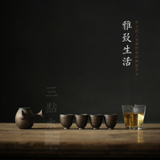 三点水一壶四杯陶瓷茶壶套装，粗陶侧把壶，整套功夫茶具手工日式茶杯