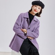 中长款100%羊毛大衣小众气质翻领一手长双面呢韩式外套高端紫色女
