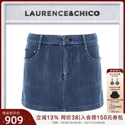 laurence&chico裙裤蓝色水洗，牛仔钻饰弹力半裙女士，23夏l&c