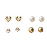 速发s925银针韩国简约四件套耳钉，镶钻珍珠爱心形，耳环小巧迷你耳饰