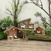 微景观植物角摆件幼儿园户外造景创意实木茅草屋房子庭院布景道具