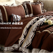 韩式欧式复古纯咖色蕾丝荷叶，边纯棉全棉床裙款床上用品被套四件套