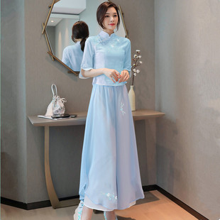 中式汉服女款夏2024中国风旗袍套装裤裙，两件套雪纺改良连衣裙