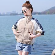 冰丝防晒衣女夏季2023韩版宽松立领撞色短外套透气薄款防晒衫