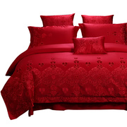 欧式贡缎婚庆四件套大红色1.8m结婚床上用品，新婚礼(新婚礼，)六件套刺绣床品