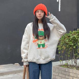 韩国特大码女装胖mm冬装可爱卡通毛熊图案薄绒卫衣1121