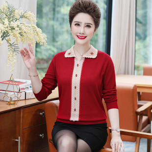 中老年人春秋衣外穿翻领t恤加肥加大码200斤胖妈妈女装针织衫上衣