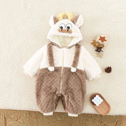 婴儿毛绒连体衣连帽外套，男宝宝动物造型衣服，冬装加绒加厚外出抱服