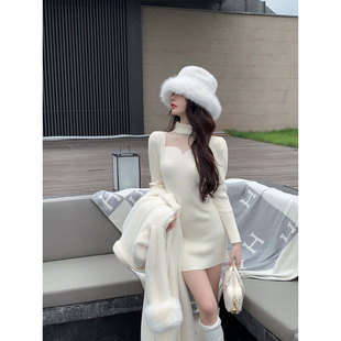 fairyjiang冬季白色网纱拼接针织，连衣裙女修身显身材，洋气打底裙子