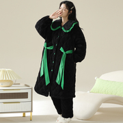 三层珊瑚绒夹棉袄睡衣女冬季加厚加绒长款保暖黑色大码家居服套装