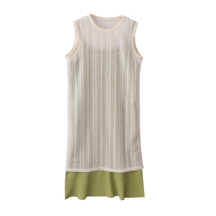 夏季小众设计感褶皱绿色吊带裙，+蕾丝镂空罩衫，背心裙两件套装