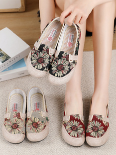 夏季懒人一脚蹬女鞋老北京布鞋舒适透气妈妈鞋，民族风亚麻渔夫鞋