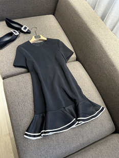VANLU 高定系列/优雅减龄 复古优雅拼色荷叶边裙摆圆领短袖连衣裙
