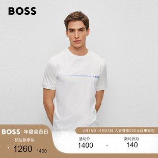 保时捷联名boss雨果博斯男士品牌标识，丝光棉休闲短袖t恤