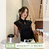 宋正恩新中式国风盘扣黑色短袖T恤女夏季甜辣修身立领小飞袖上衣
