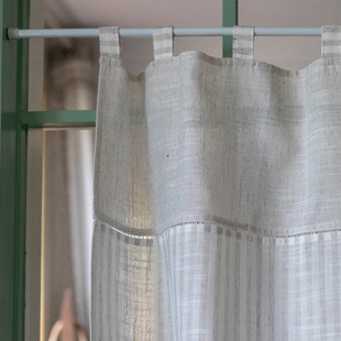亚麻条纹米白色拼接窗帘现代北欧法式卧室客厅美式落地亚麻定制帘
