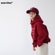 男童冬季一体绒连帽红卫衣，儿童加厚套头帽衫外套，年服潮童装打底衫