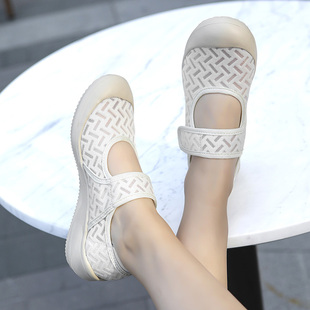 夏季薄款中年妈妈凉鞋包头坡跟女鞋网面镂空透气大码网鞋软底舒适