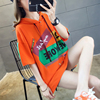连帽衫短袖t恤女2021年夏季韩版宽松网红半袖橙色上衣服ins潮春装