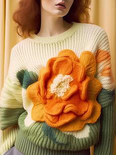 品牌撤回外贸女装今年流行漂亮国风杏色重工钩花朵毛衣针织衫