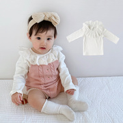 韩版春装婴儿T恤女童长袖蕾丝花边领打底衫宝宝纯棉磨毛百搭上衣