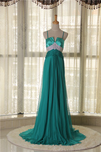 洛森d65绿色雪纺超大摆晚礼服裙长款吊带，宴会主持外贸原单年会