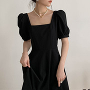 英国cherrykoko黑色连衣裙女夏季法式复古气质方领收腰长款