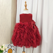 儿童礼服公主裙秋冬无袖蓬蓬，网纱礼服裙洋气，气质女童酒红色连衣裙