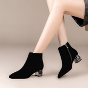 短靴女秋冬季韩版尖头中跟黑色磨砂皮及踝靴短筒马丁靴裸靴子