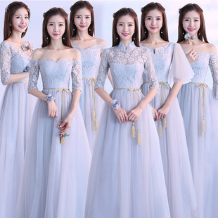 伴娘礼服女2023韩版秋季蕾丝长款伴娘团姐妹裙灰色显瘦闺蜜装