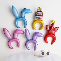 可爱卡通兔耳朵生日蛋糕充气发箍铝膜气球儿童成人派对头饰装饰