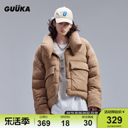 guuka卡其色麂皮绒棉衣男冬季潮，美式复古高领，棉服大贴袋外套宽松