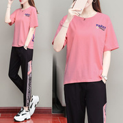 纯棉运动套装女士夏季2023年时尚休闲粉色跑步服时尚两件套装