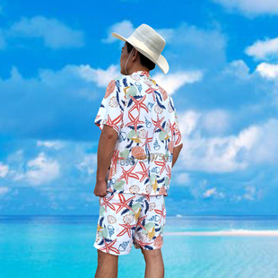 海南岛服人造棉吸汗居家衬衫短袖，印花沙滩休闲旅游宽松情侣度假