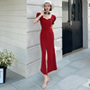 夏季法式赫本风酒红色连衣裙女高级感气质修身显瘦鱼尾礼服长裙子