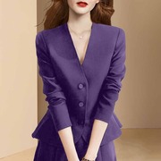 欧美时尚复古紫色V领西装外套女2023秋季高级感气质收腰西服